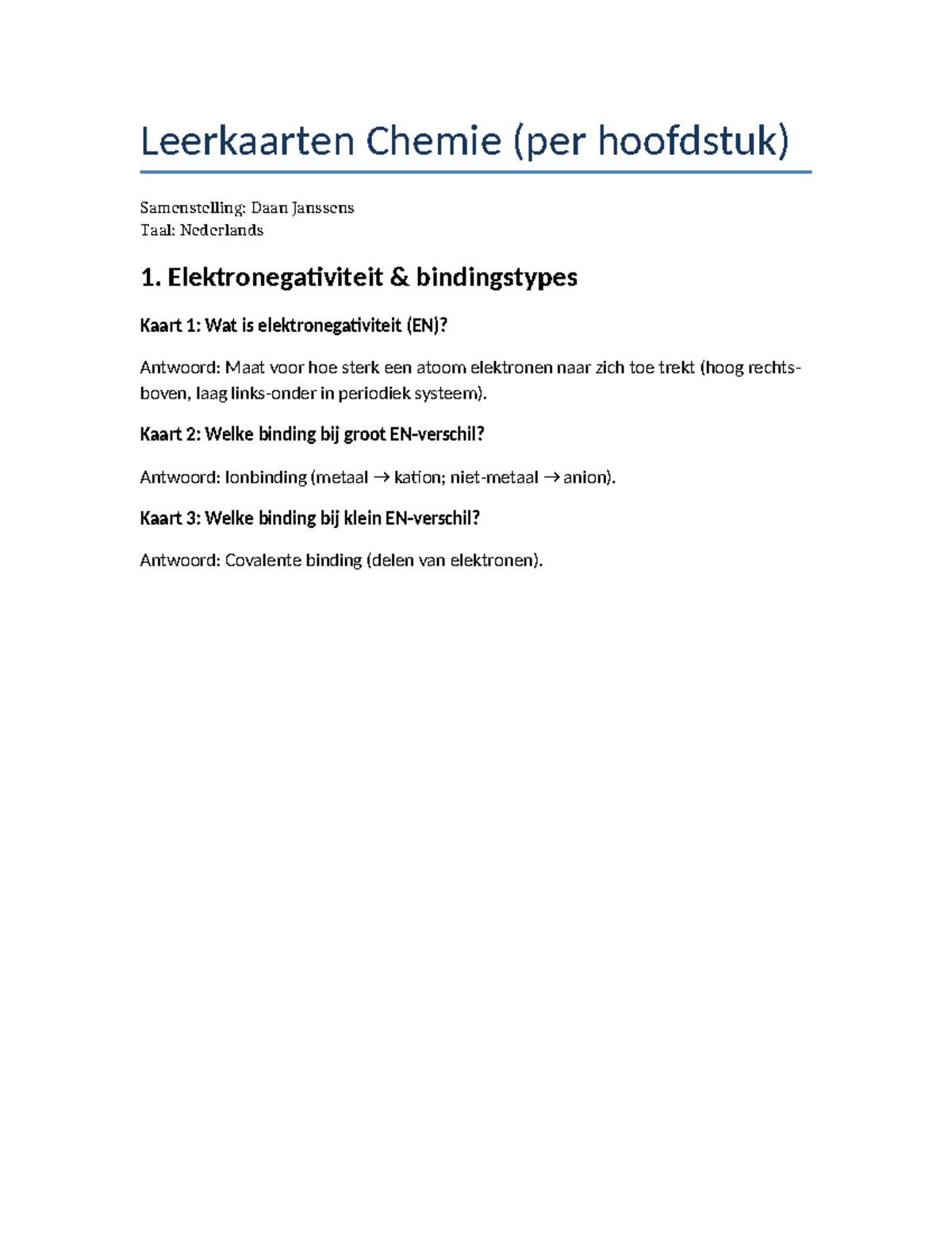 Leerkaarten Chemie (Hoofdstukken) - Daan Janssens - Studocu