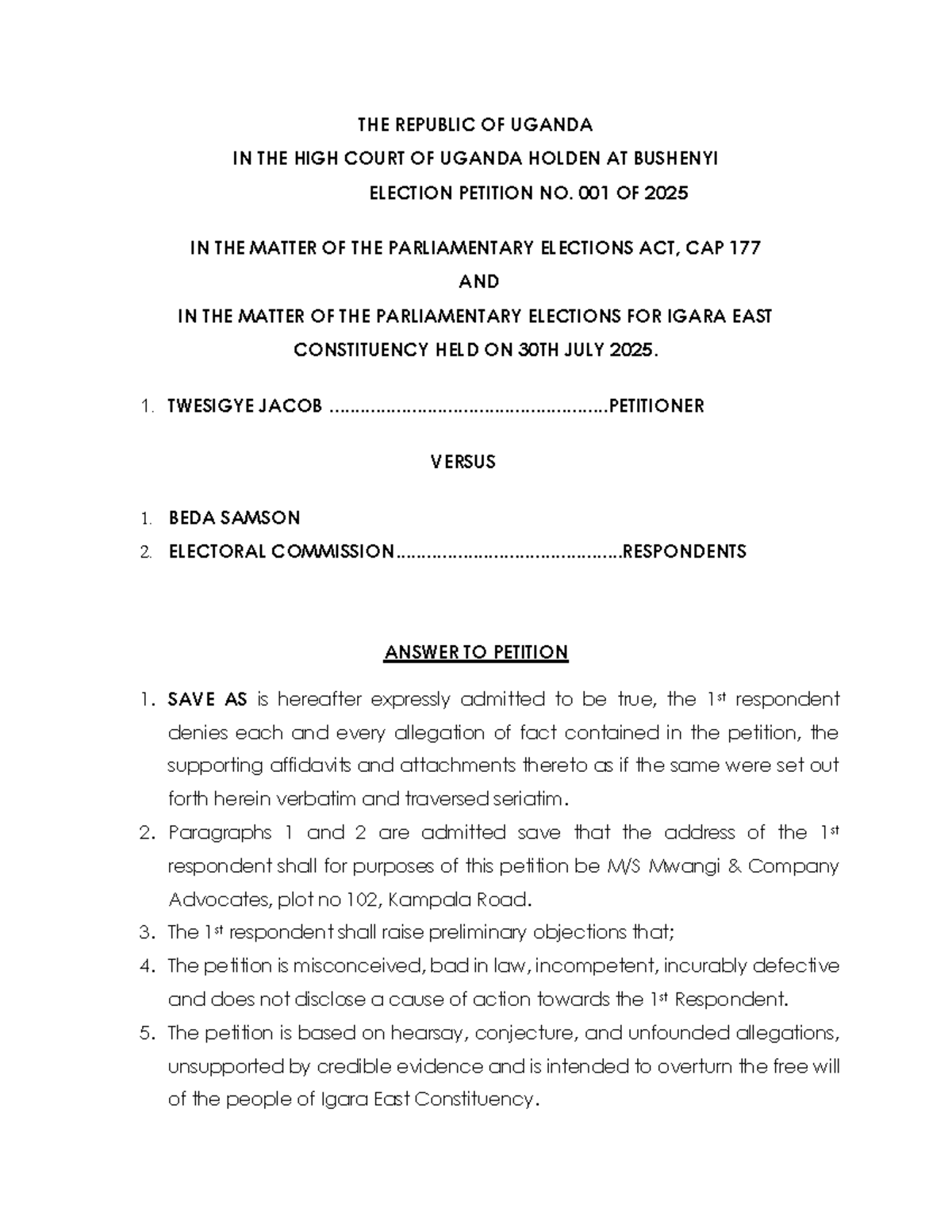 Draft Answer to Election Petition No. 001/2025: Igara East Constituency ...
