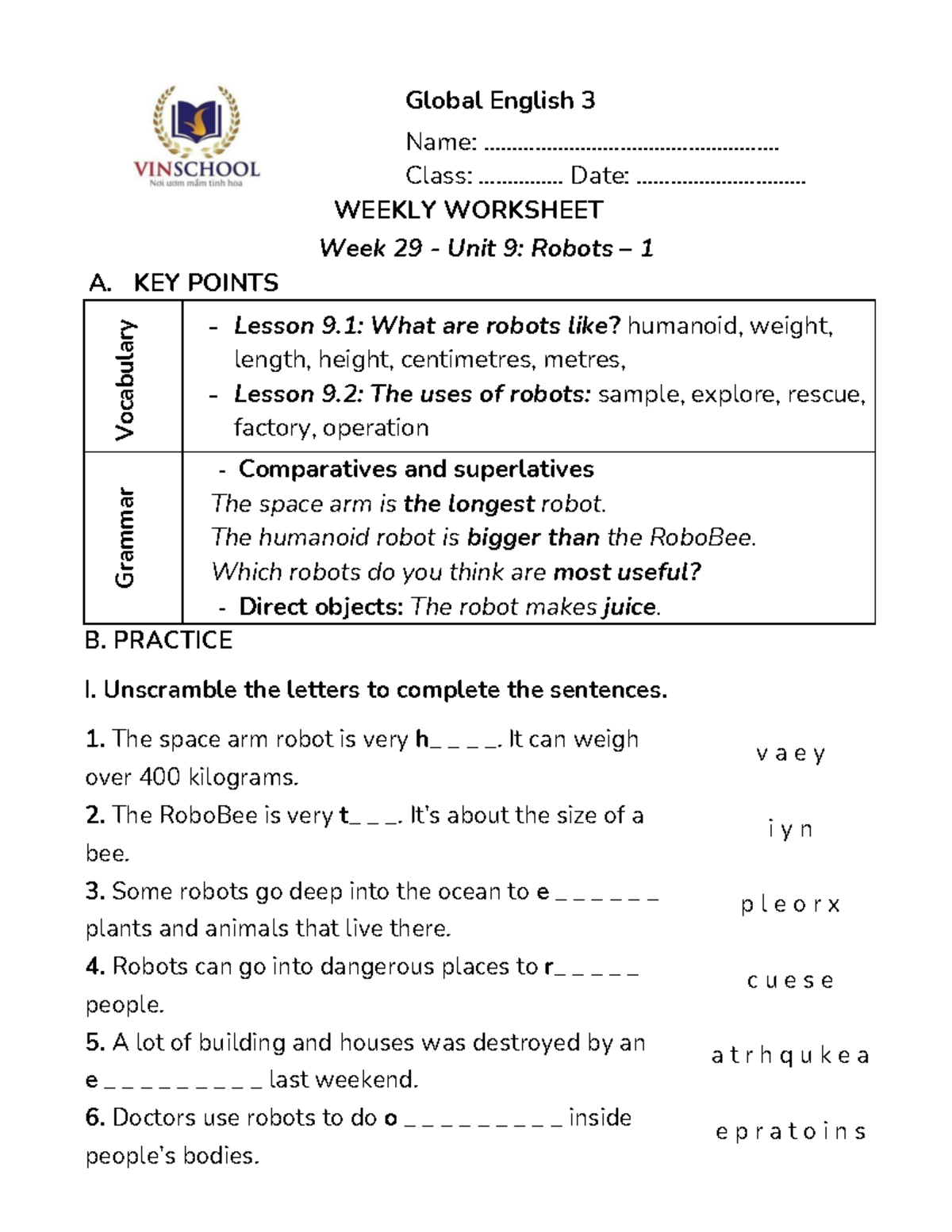 Global English 3: Weekly Worksheet - Unit 9: Robots - Studocu