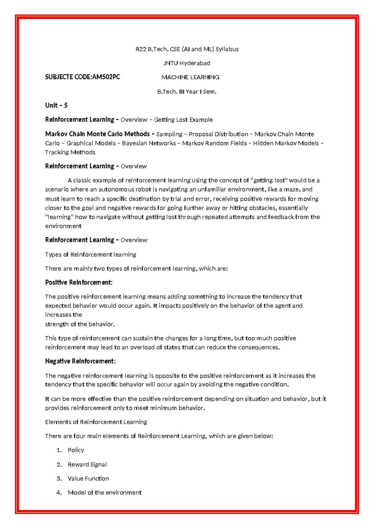 ML Unit 5: Reinforcement Learning & Markov Chain Methods (AM502PC ...
