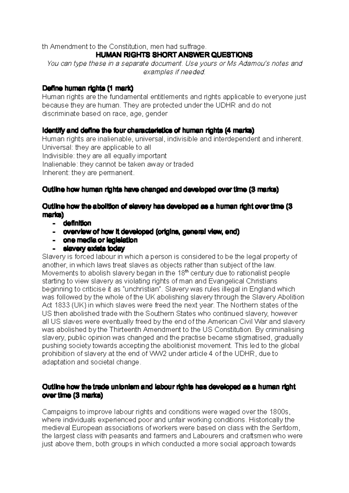 HUMAN RIGHTS: Short Answer Questions & Key Concepts (HUM 101) - Studocu