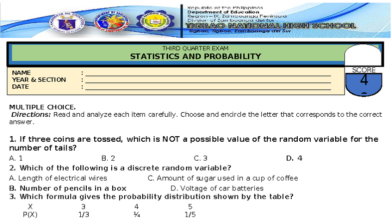 3RD QTR EXAM: STATISTICS & PROBABILITY (ANSWER KEY) - Studocu