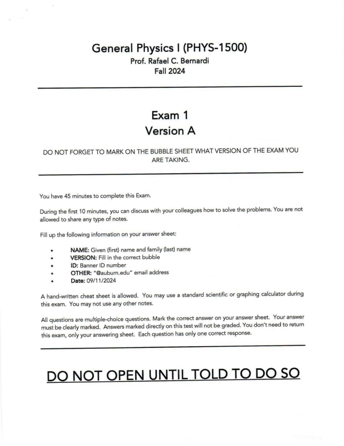 PHYS 1500 General Physics I Exam 1 Key - Fall 2024 Version A - Studocu