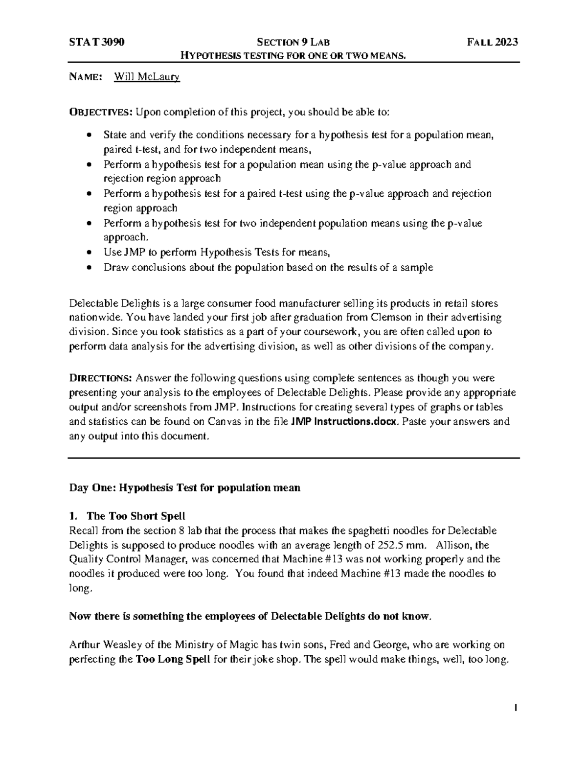 Hypothesis Testing for One or Two Means - Section 9 Lab Part 2 - Studocu