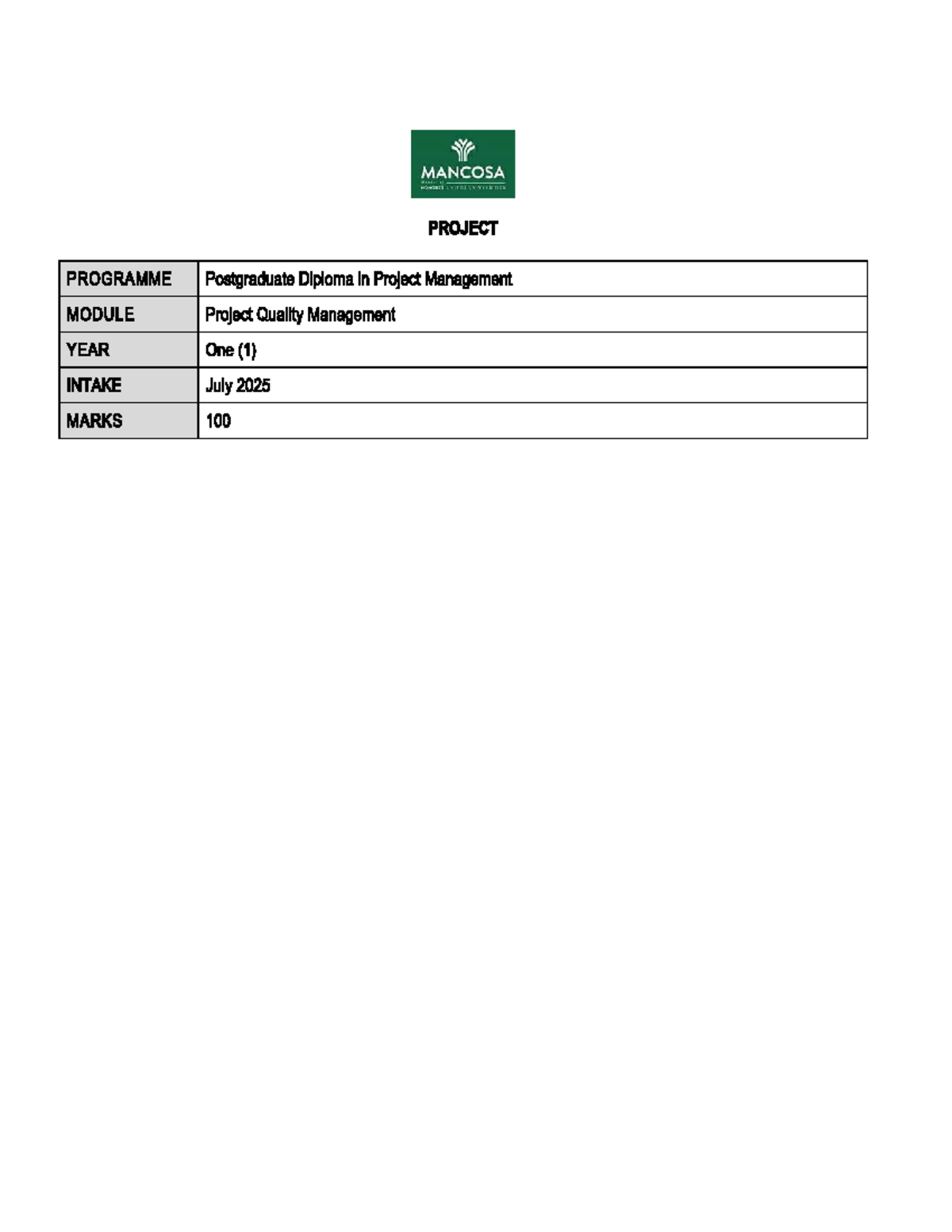 PG Dip in Project Management: Quality Management Assessment - Studocu
