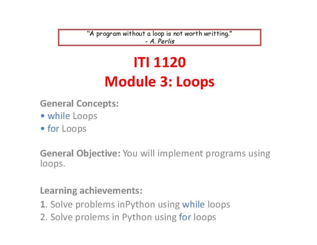 ITI 1120 Loops - Lecture Notes on While and For Structures - Studocu