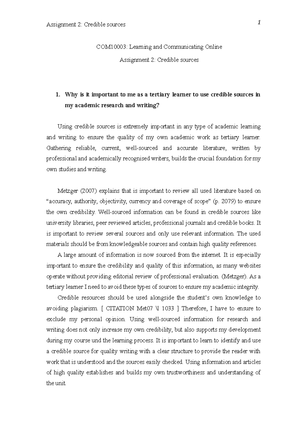 COM10003 Assignment 2 Credible Sources - Assignment 2: Credible sources ...