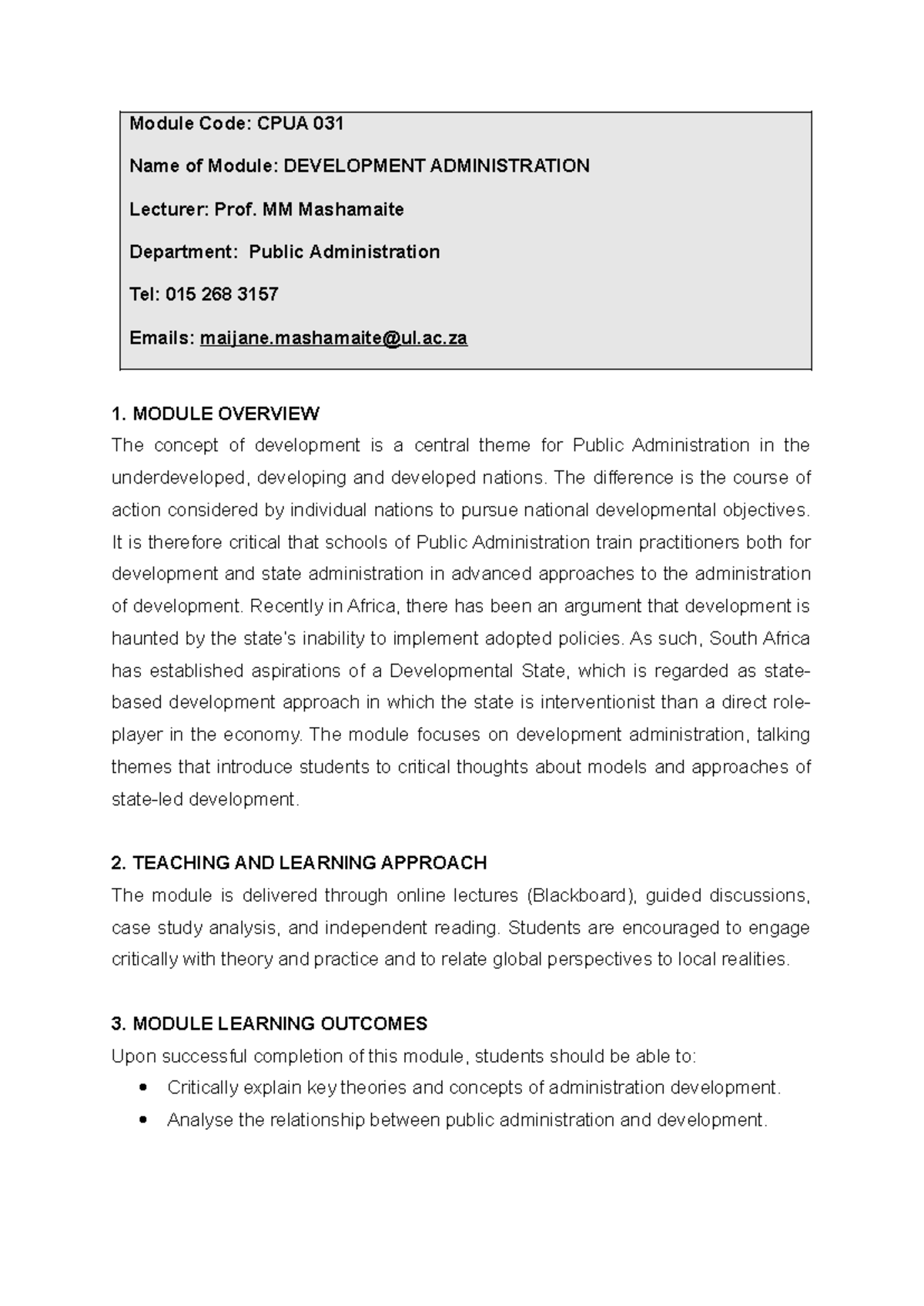 CPUA 031 - Development Administration Course Outline and Overview - Studocu