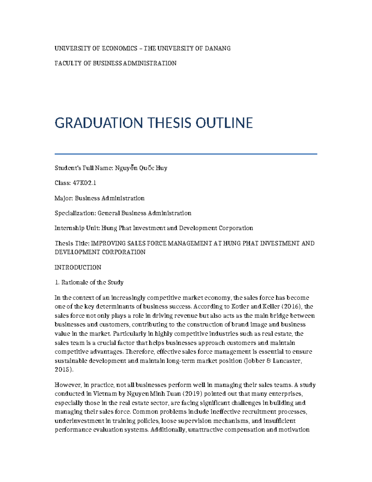 47K02.1 Graduation Thesis: Enhancing Sales Force Management at Hung ...