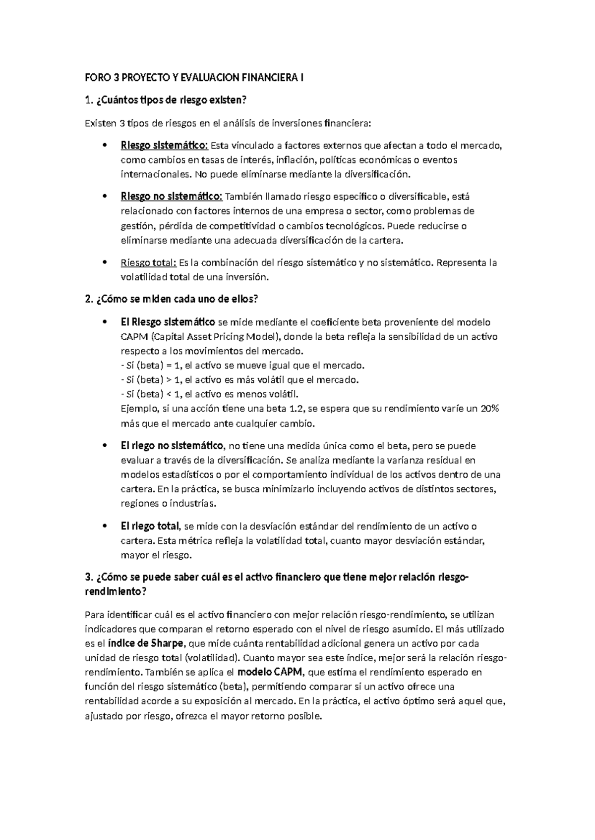 FORO 3: Tipos y Medición de Riesgos en Inversiones Financieras I - Studocu