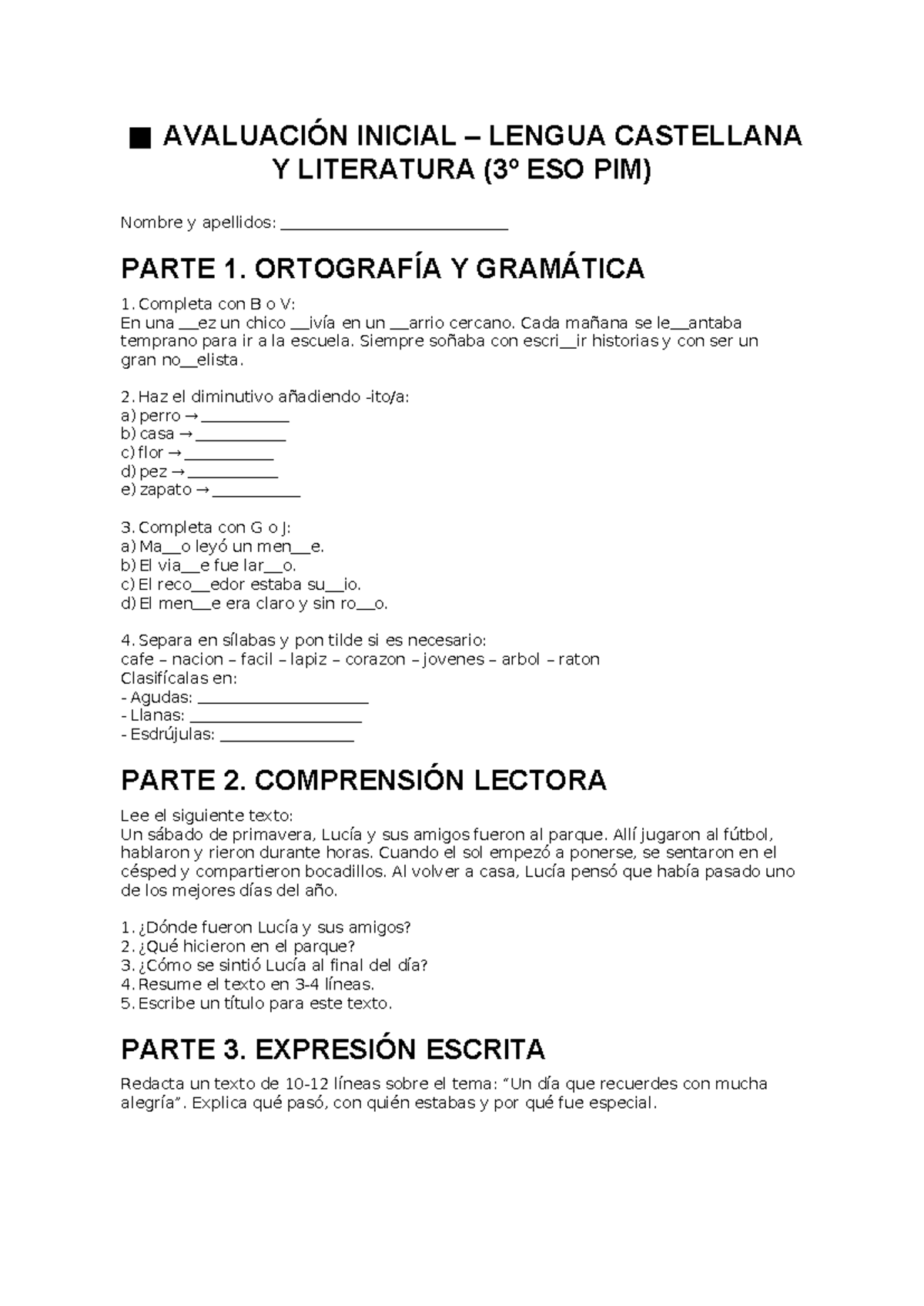 Evaluación Inicial Lengua Castellana y Literatura (3º ESO PIM) - Studocu