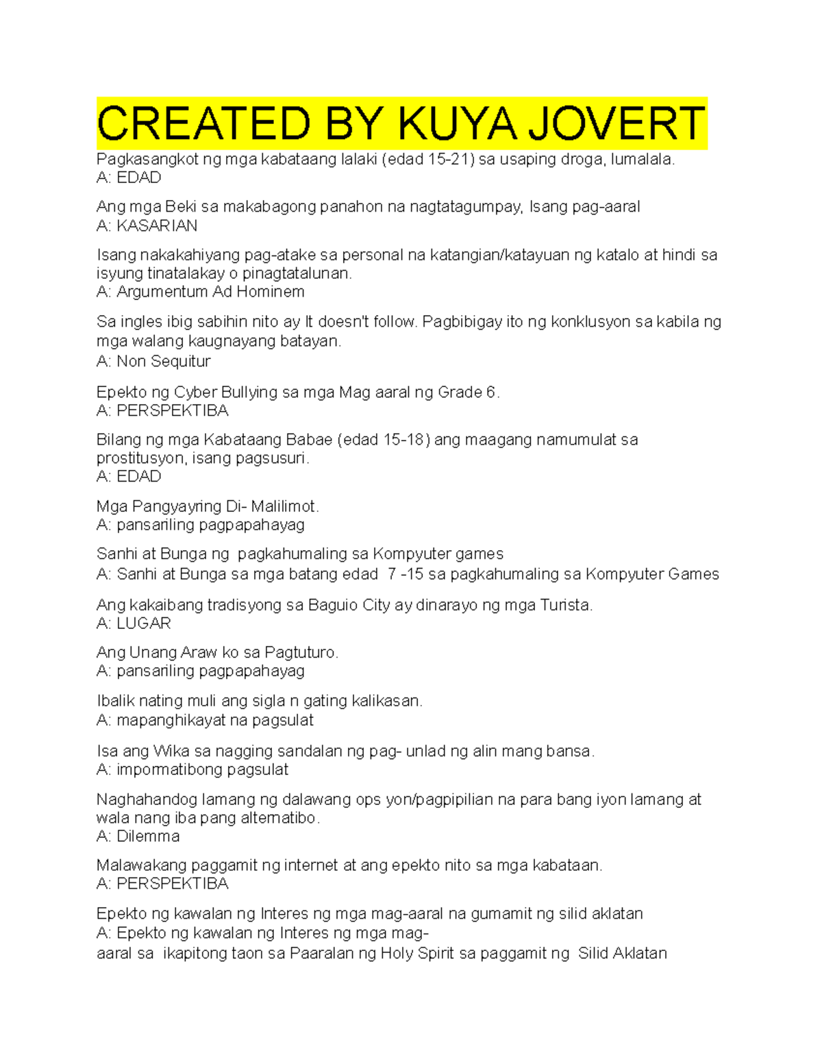 FILI 112 WEEK 11: Pagsusuri sa Epekto ng Cyber Bullying at Iba Pa - Document Preview