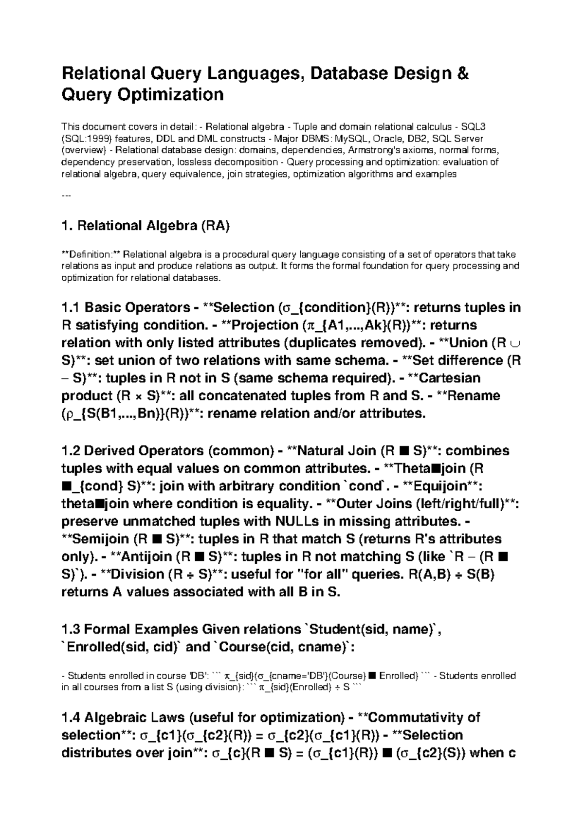 Relational Query Design & Optimization Notes (CS101) - Studocu