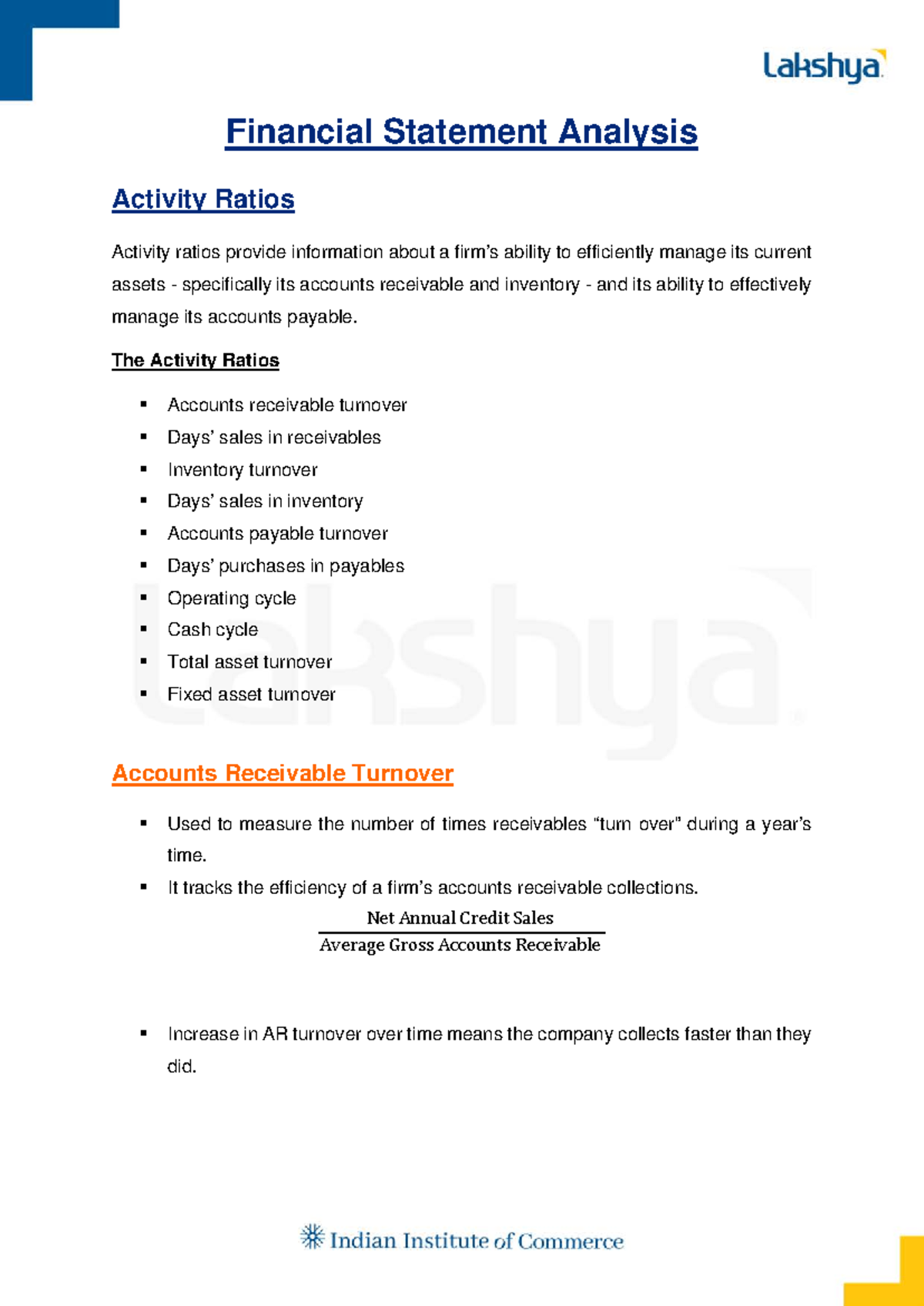 Activity Ratios - Financial Statement Analysis Activity Ratios Activity ...