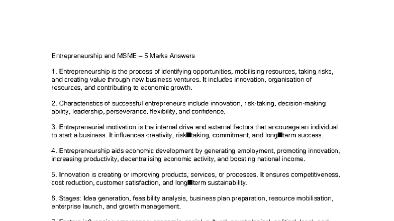 Entrepreneurship and MSME: Key Concepts & 5 Marks Answers - Studocu