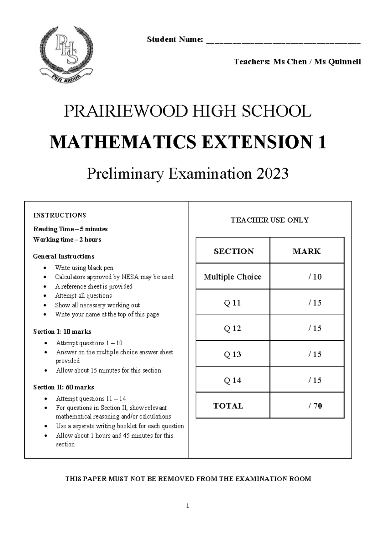 2023 Prelim Exam - Maths Extension 1 (Task 3) - Studocu
