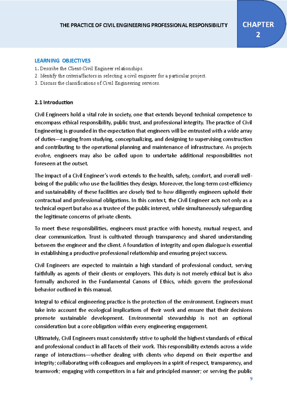 CIVIL ENGINEERING PROFESSIONAL RESPONSIBILITY CHAPTER 2 MODULE 2 NOTES ...