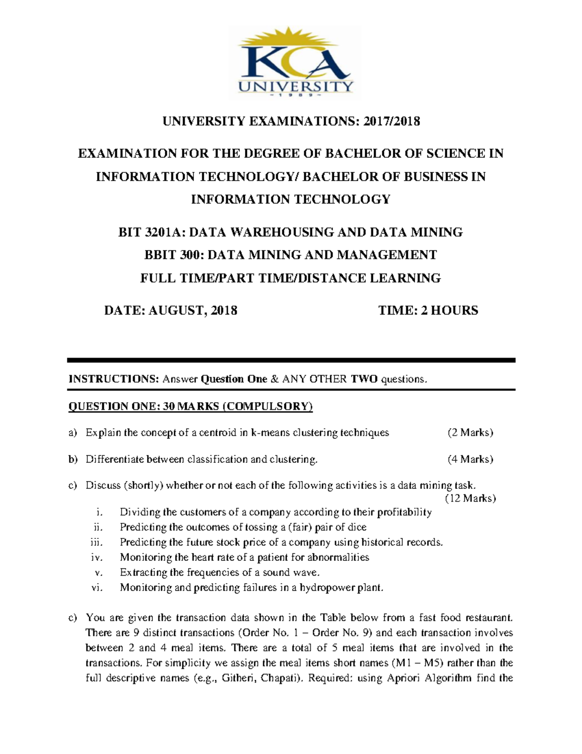 BIT3201A Final Exam: Data Warehousing & Data Mining Insights - Document Preview