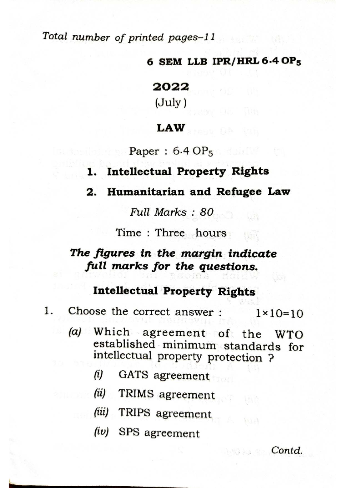 6 SEM LLB 6.4 OP5 2022: Intellectual Property Rights Exam Paper - Studocu