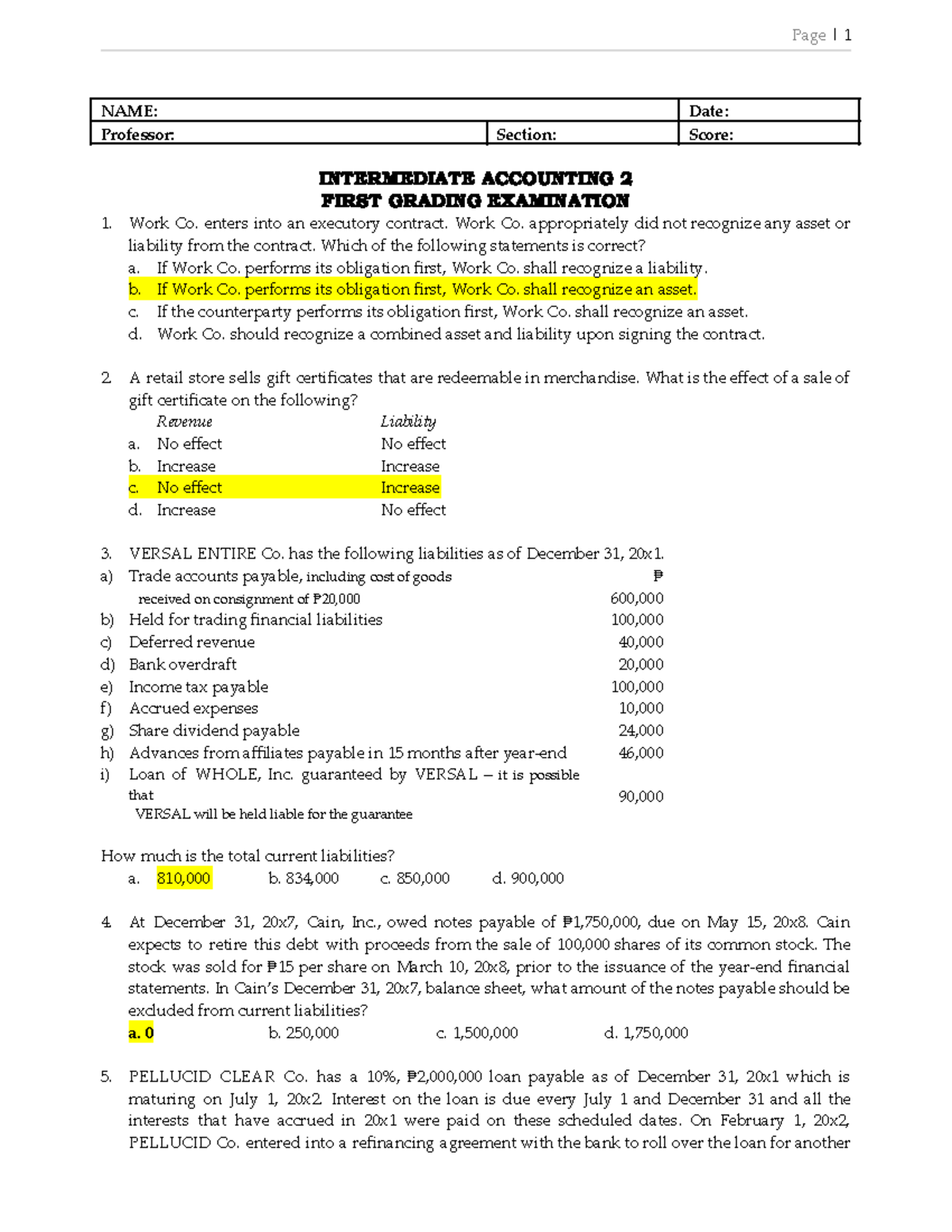 Intermediate Accounting 2: 1st Grading Exam Review Questions & Answers ...