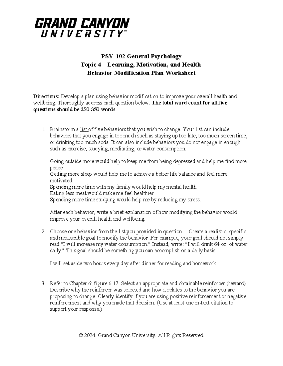 PSY 102 RS T4 Behavior Modification Plan - PSY-102 General Psychology ...