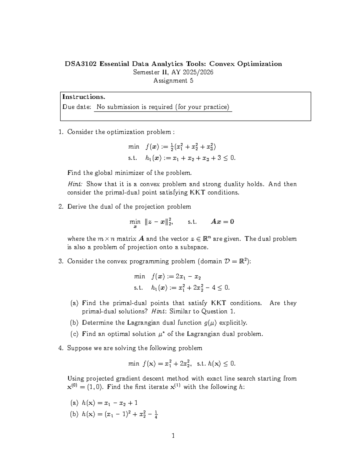 DSA3102 Convex Optimization Assignment 5 Solutions for Semester II ...
