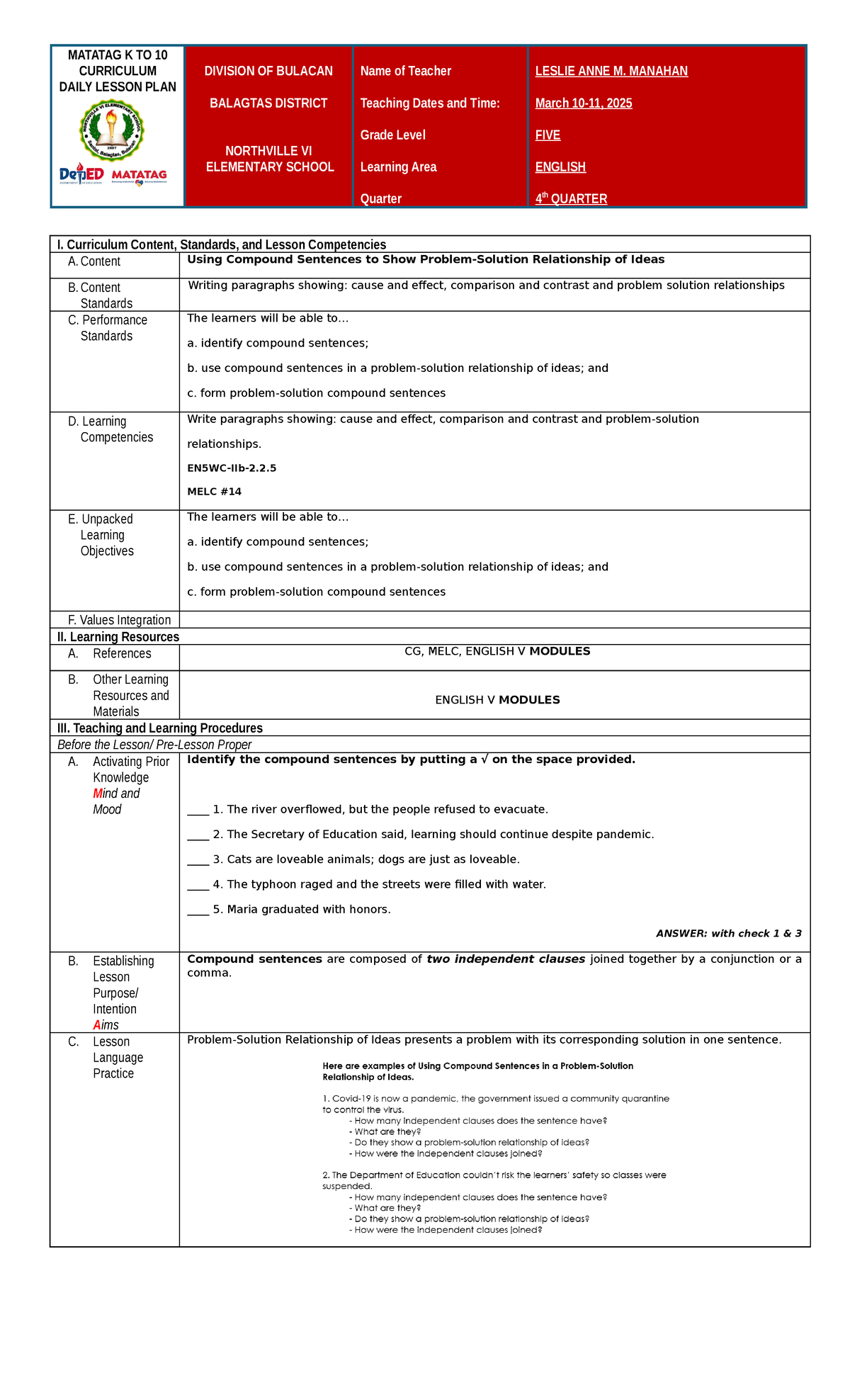 Matatag Daily Lesson Plan English Grade 5 Q4 Week5 Matatag K To 10