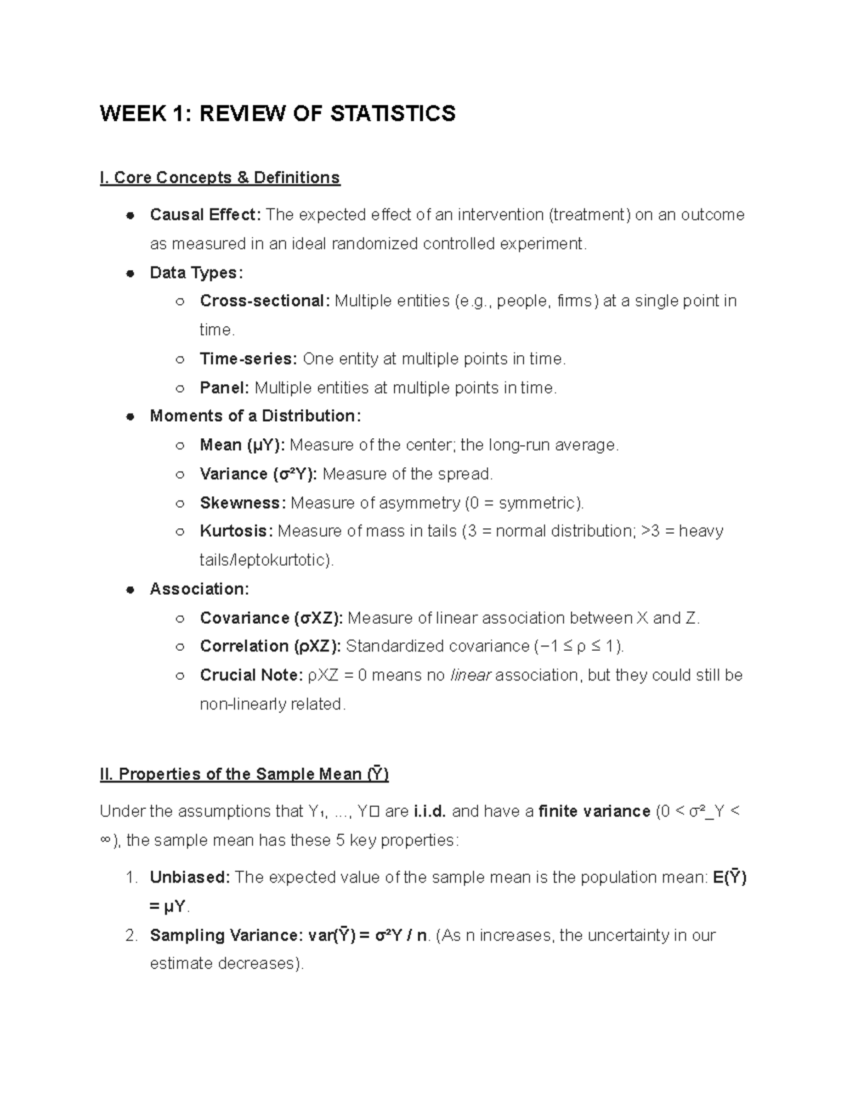 Applied Econometrics EXAM Revision: Week 1 Statistics Review - Studeersnel