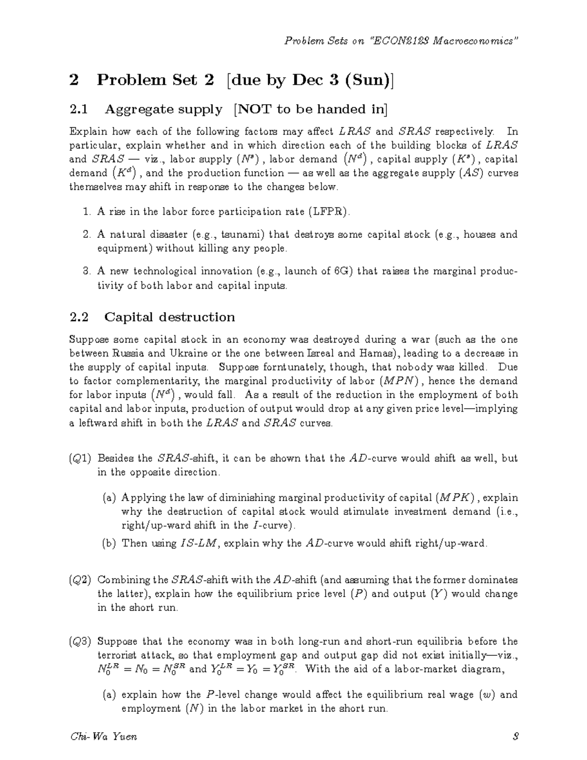 ECON2123 Macroeconomics Problem Set 2: Aggregate Supply Analysis - Studocu