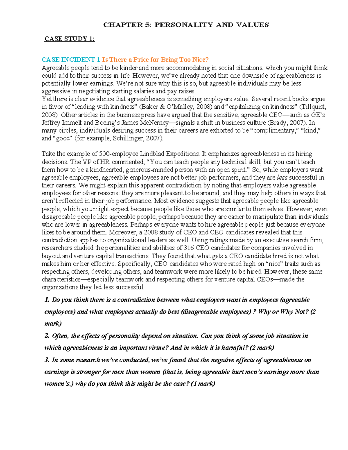 Cases out of 10 - Accounting - CHAPTER 5: PERSONALITY AND VALUES CASE ...