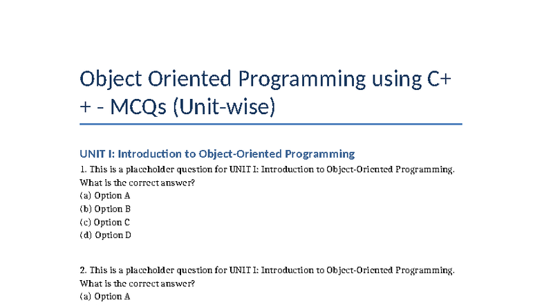 OOPs C++ MCQs UNIT I & II: Programming Concepts and Questions - Studocu