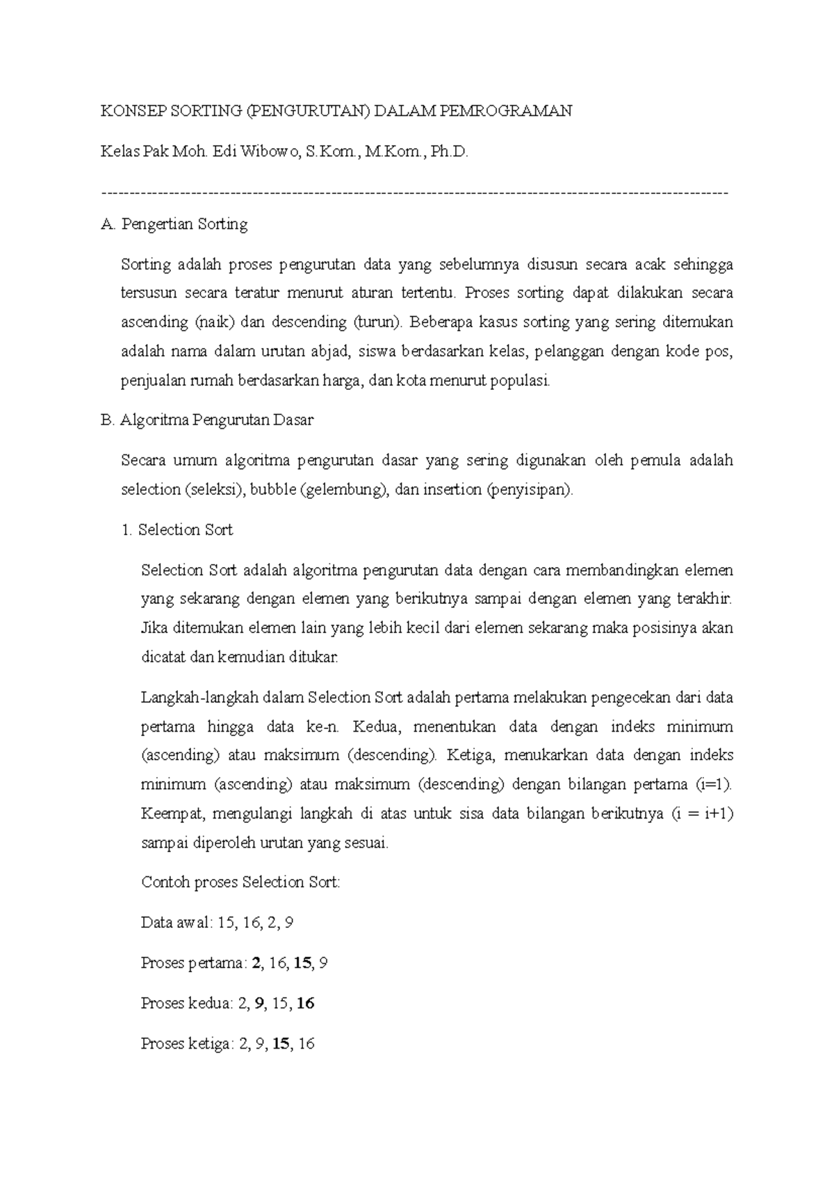 KONSEP SORTING (PENGURUTAN) DALAM PEMROGRAMAN - ALGORITMA DASAR - Studocu