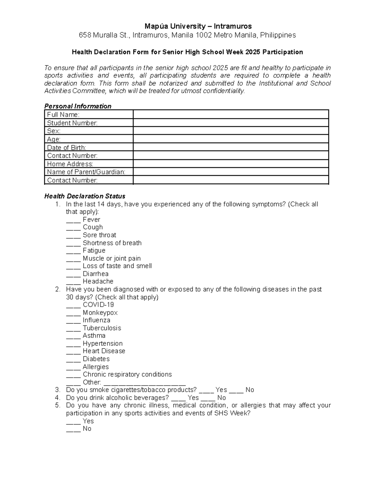 LN-HDF Health Declaration Form for SHS Week 2025 Participation - Studocu