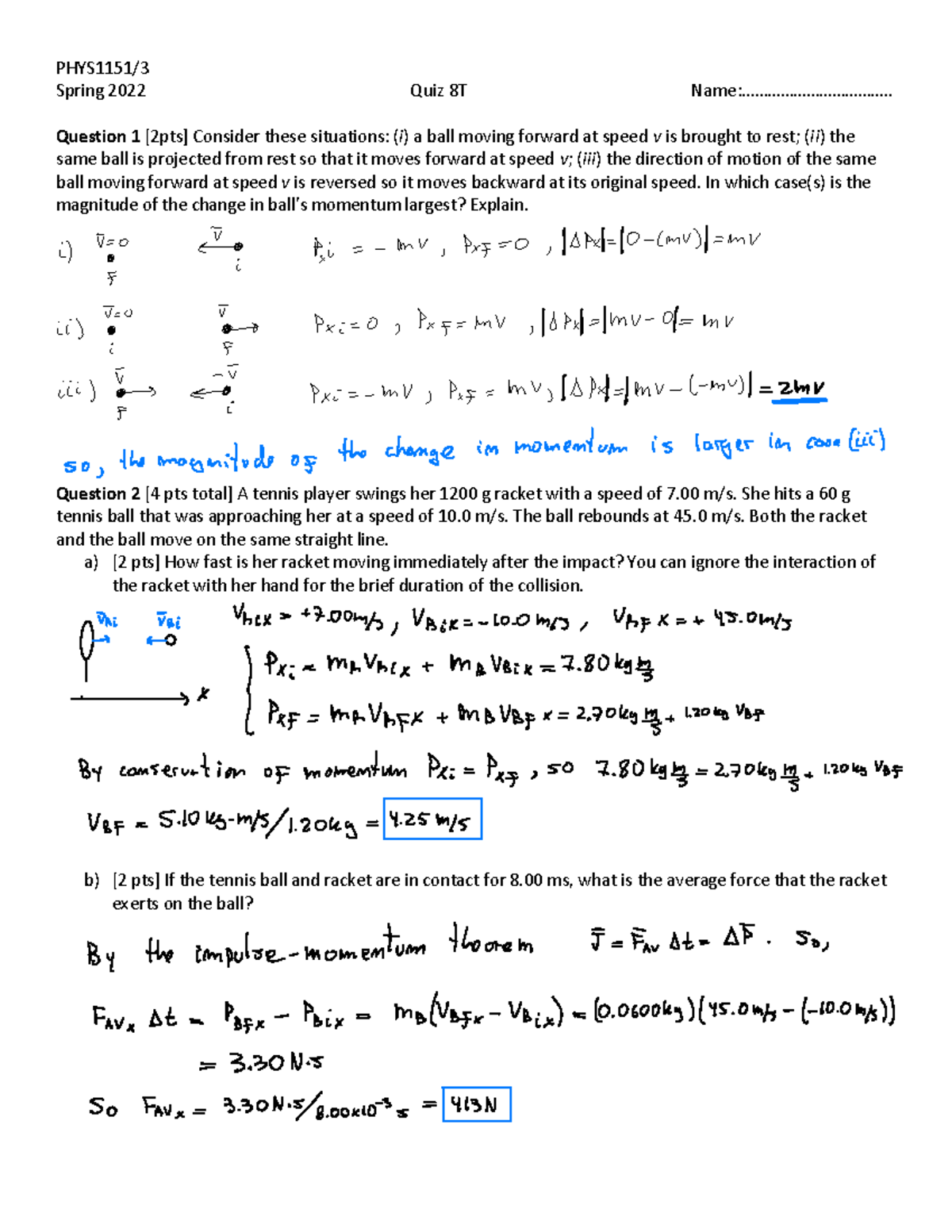PHYS1153SP22-Quiz 8T Solutions and Momentum Analysis - Studocu