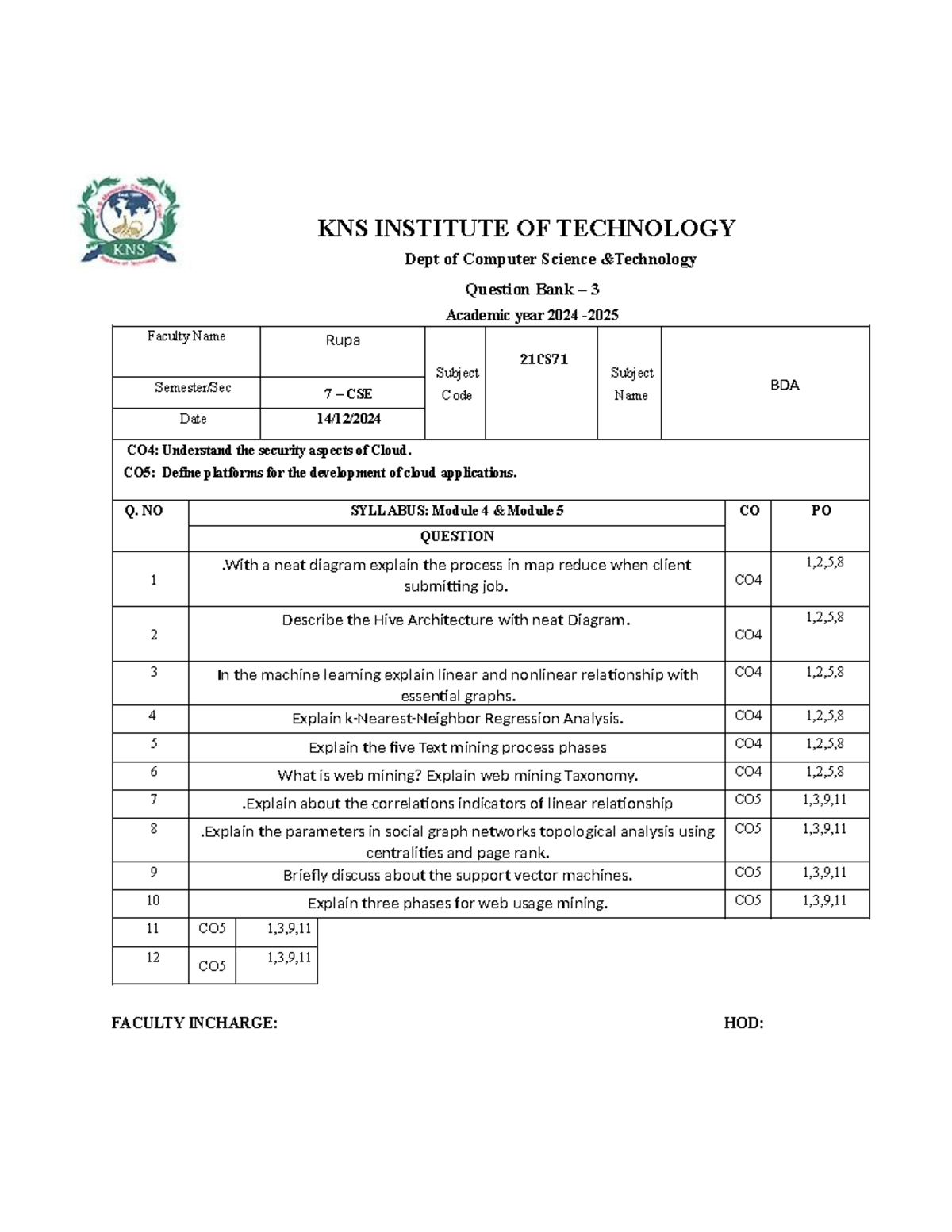 BDA 21CS - QBank Module 4 & 5 Study Material for 7th Sem CSE - Studocu