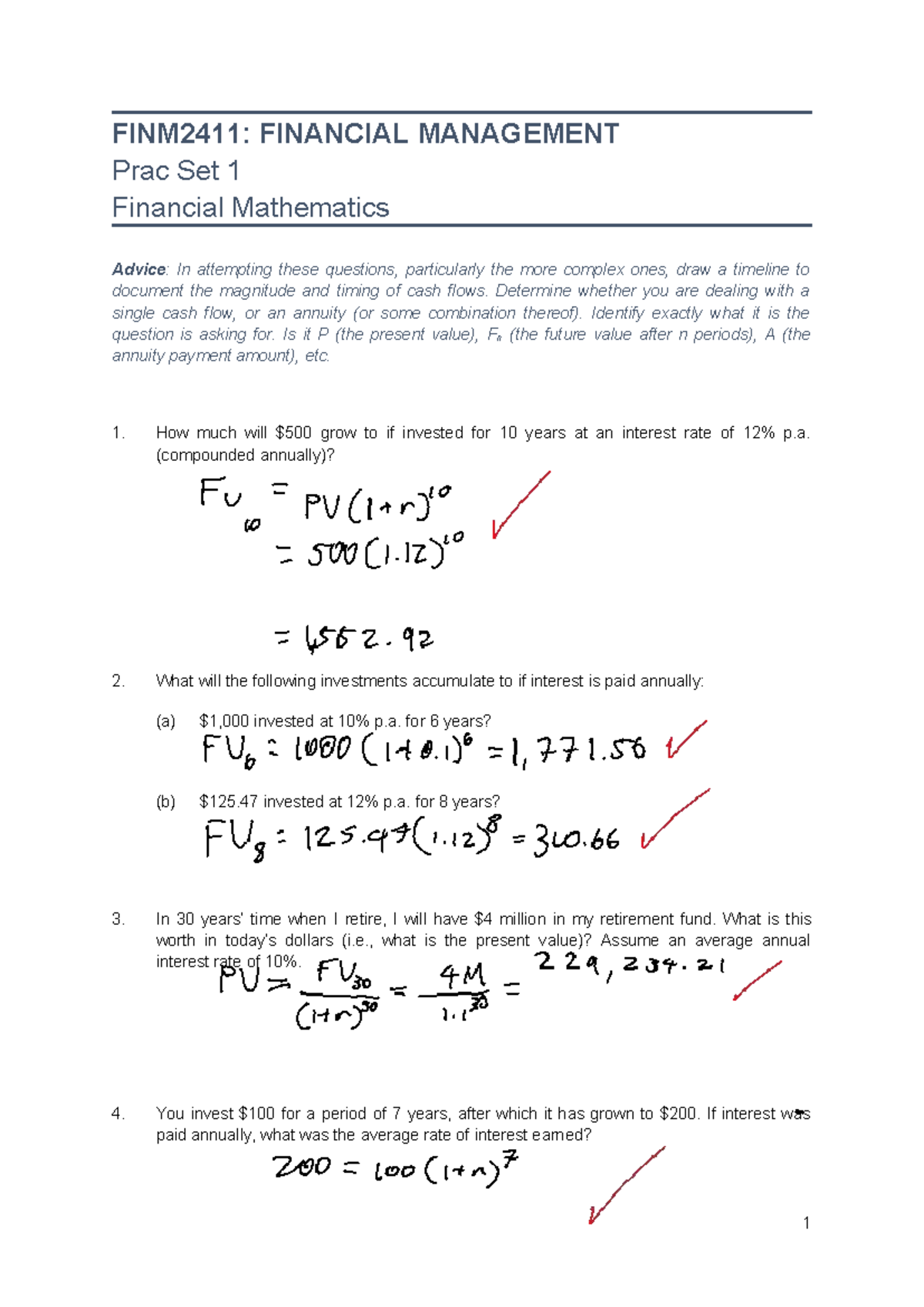 FINM2411: Financial Management Practice Set 1 - Financial Mathematics ...