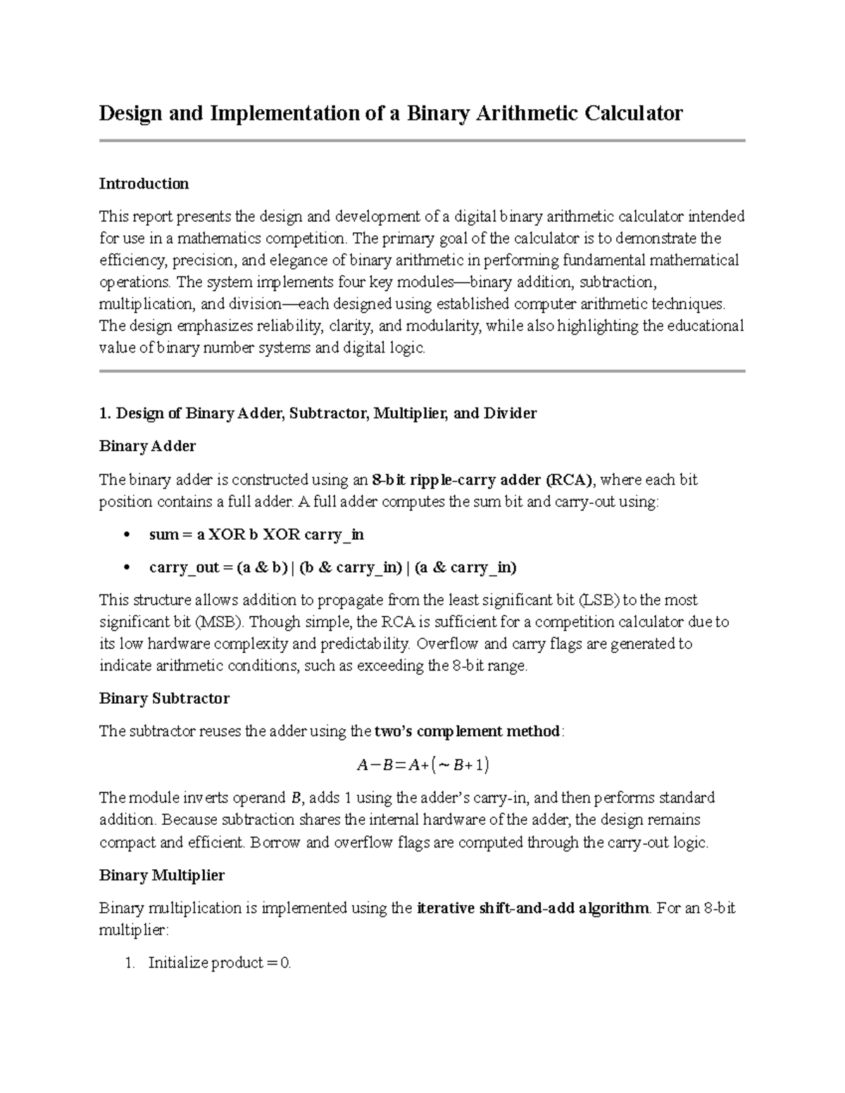 Design and Implementation of a Binary Arithmetic Calculator (Assignment ...