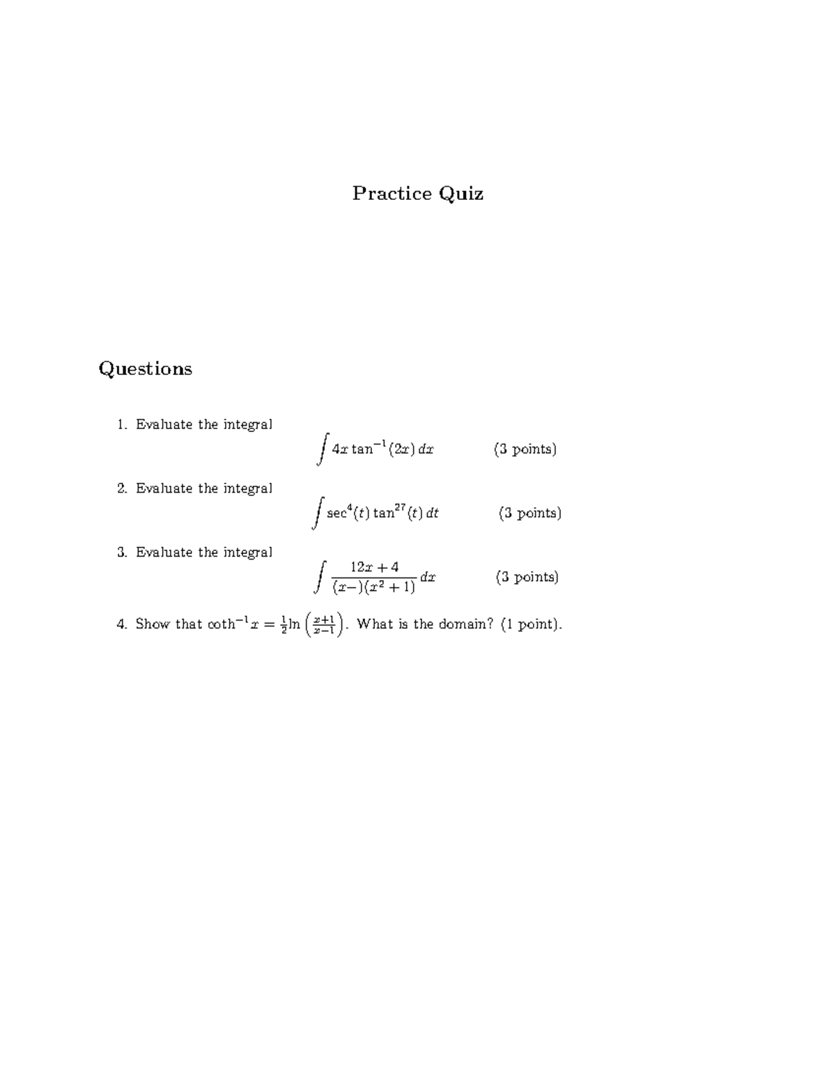 Midterm 1 Practice quiz 1 - Math 146 - Practice Quiz Questions Evaluate ...