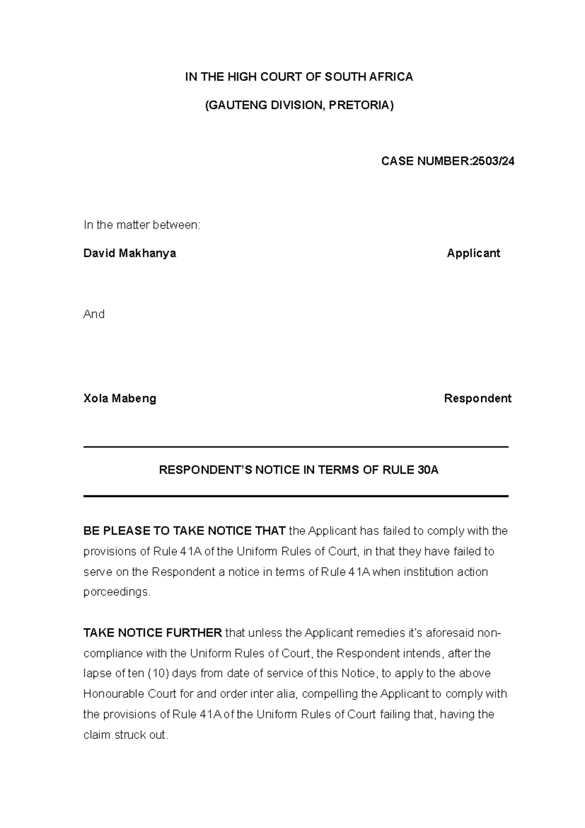 Notice in Terms of Rule 41A High Court Case 2503/2023 Studocu