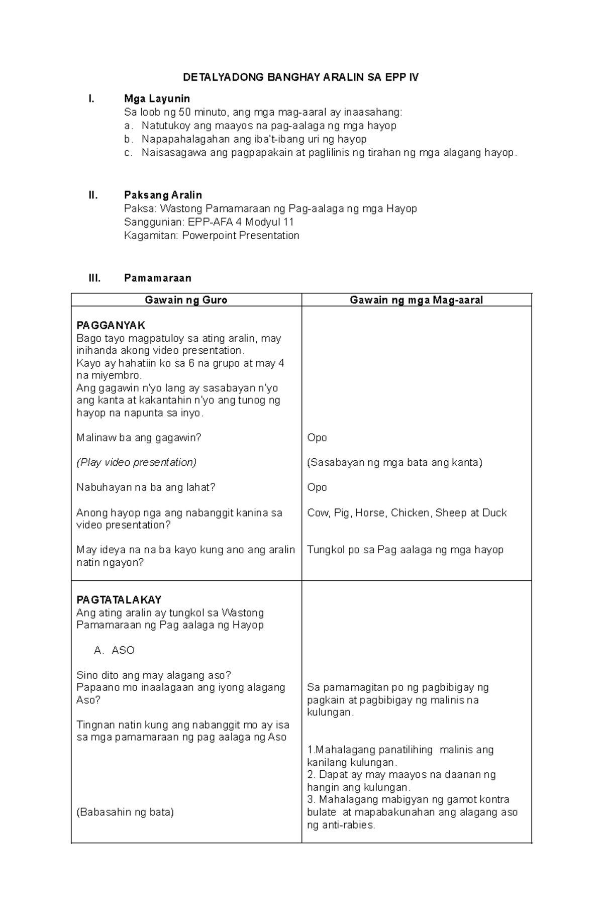 DLP-EPP - Detailed Lesson Plan on Animal Care for EPP IV - Studocu