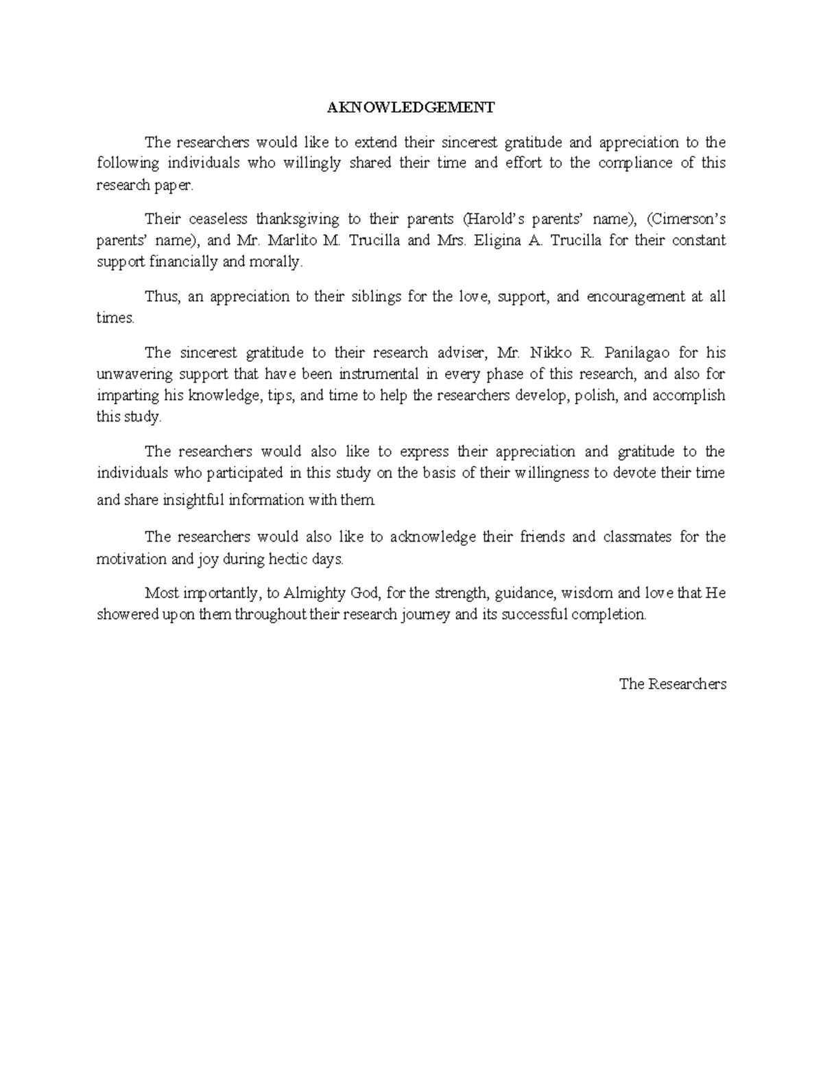 Acknowledgement Section - Research Paper by Alvin - Studocu