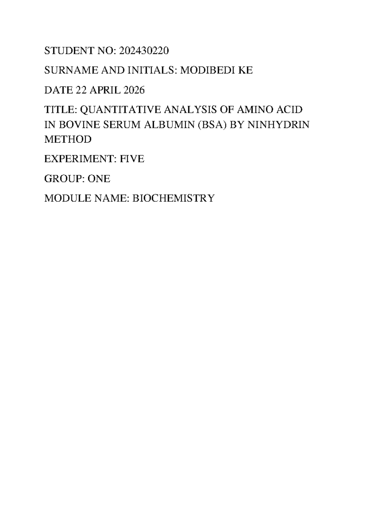 BIOC 101: Quantitative Analysis of Amino Acids in BSA - Ninhydrin ...