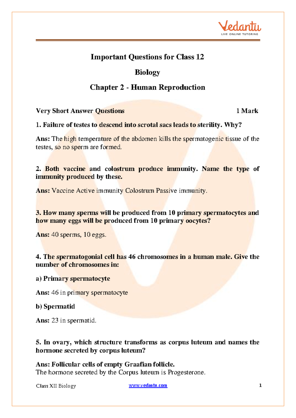 CBSE Class 12 Biology Chapter 2 Human Reproduction Important Questions ...