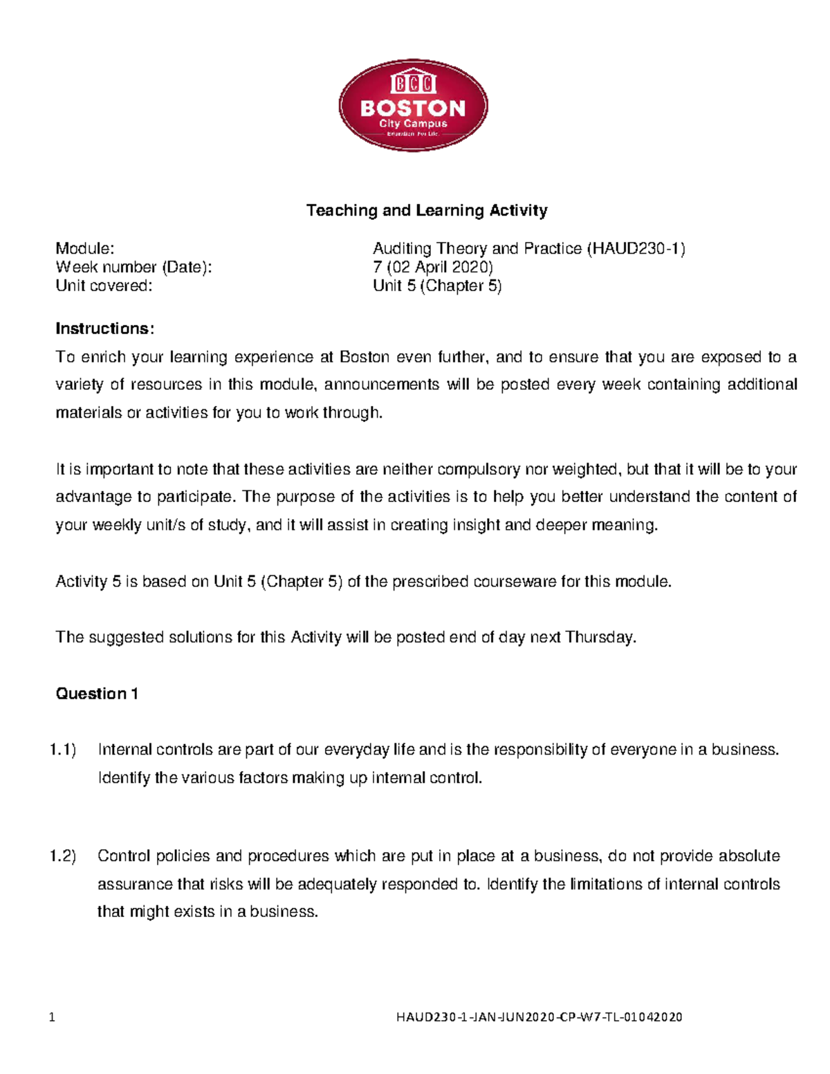 Unit 5 Learning Activity: Auditing Theory & Practice 7 (Week 5) - Studocu