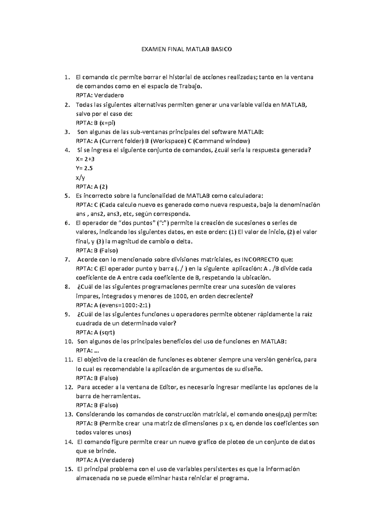 Final Exam Questions for MATLAB Basics - EXAMEN FINAL MATLAB BASICO ...