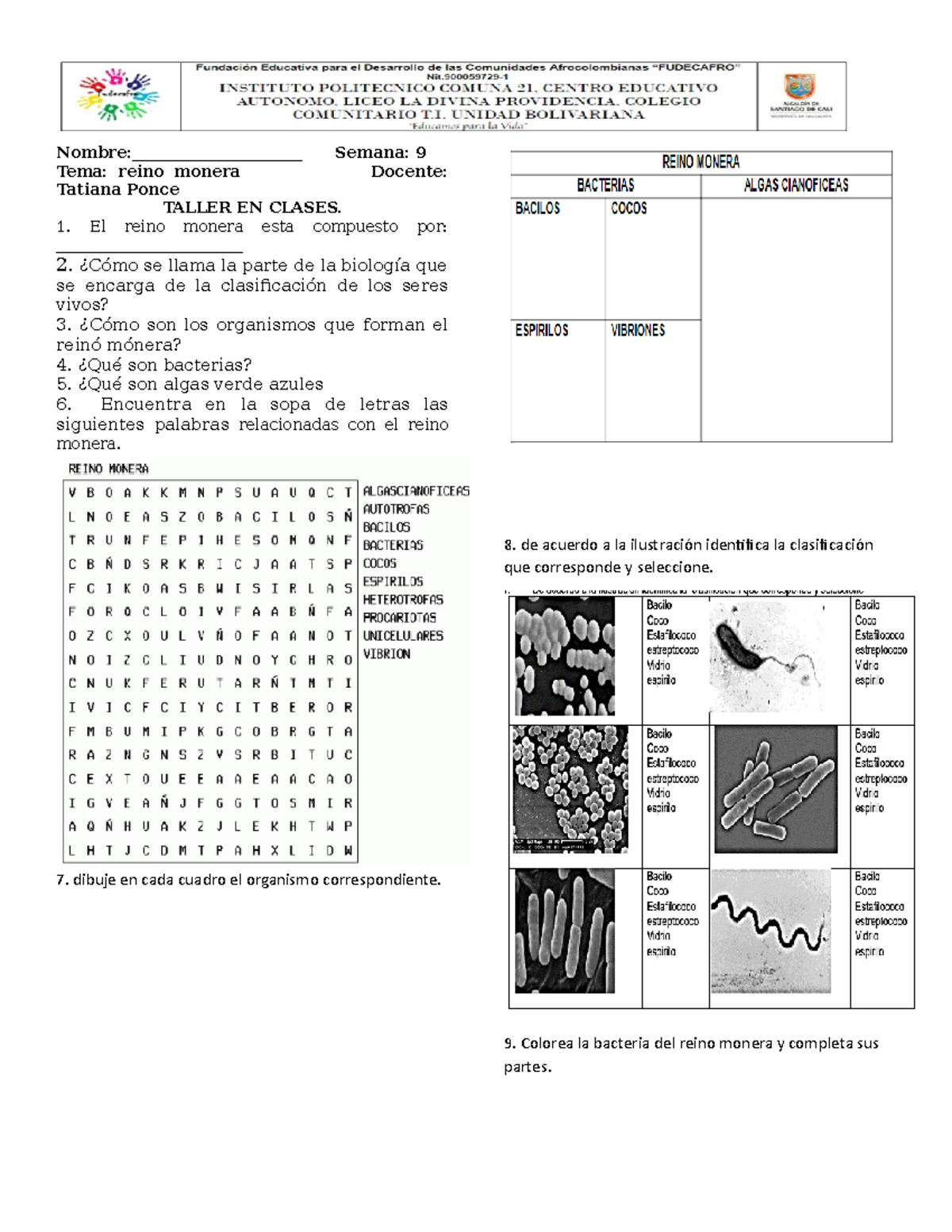 Taller de Clase sobre el Reino Monera - 6º S9 - Studocu