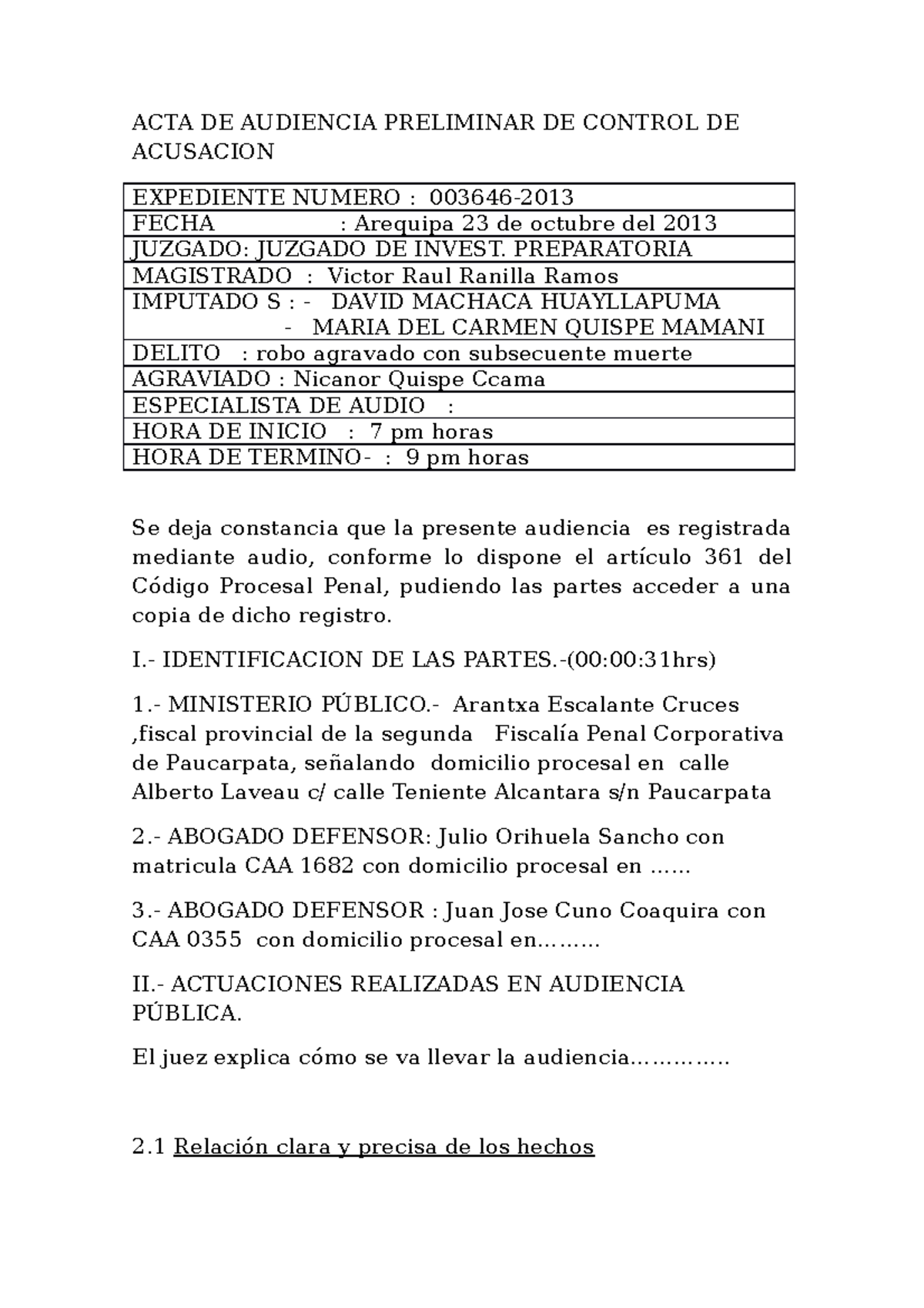 Acta de Audiencia Preliminar de Control de Acusación 003646-13 - Document Preview