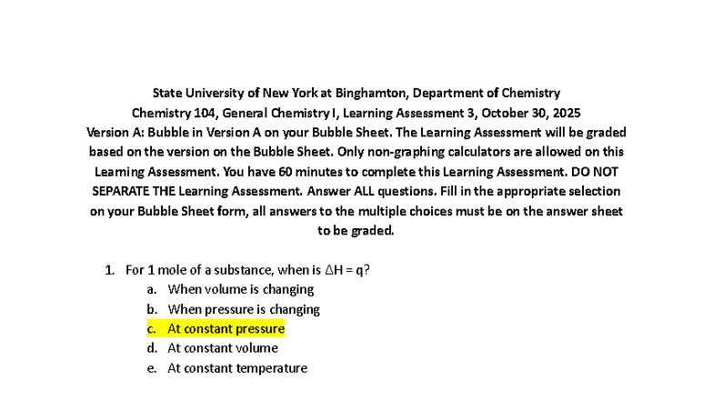 CHEM 104 - Fall 2025 - General Chemistry I Exam 3 Version A Key - Studocu