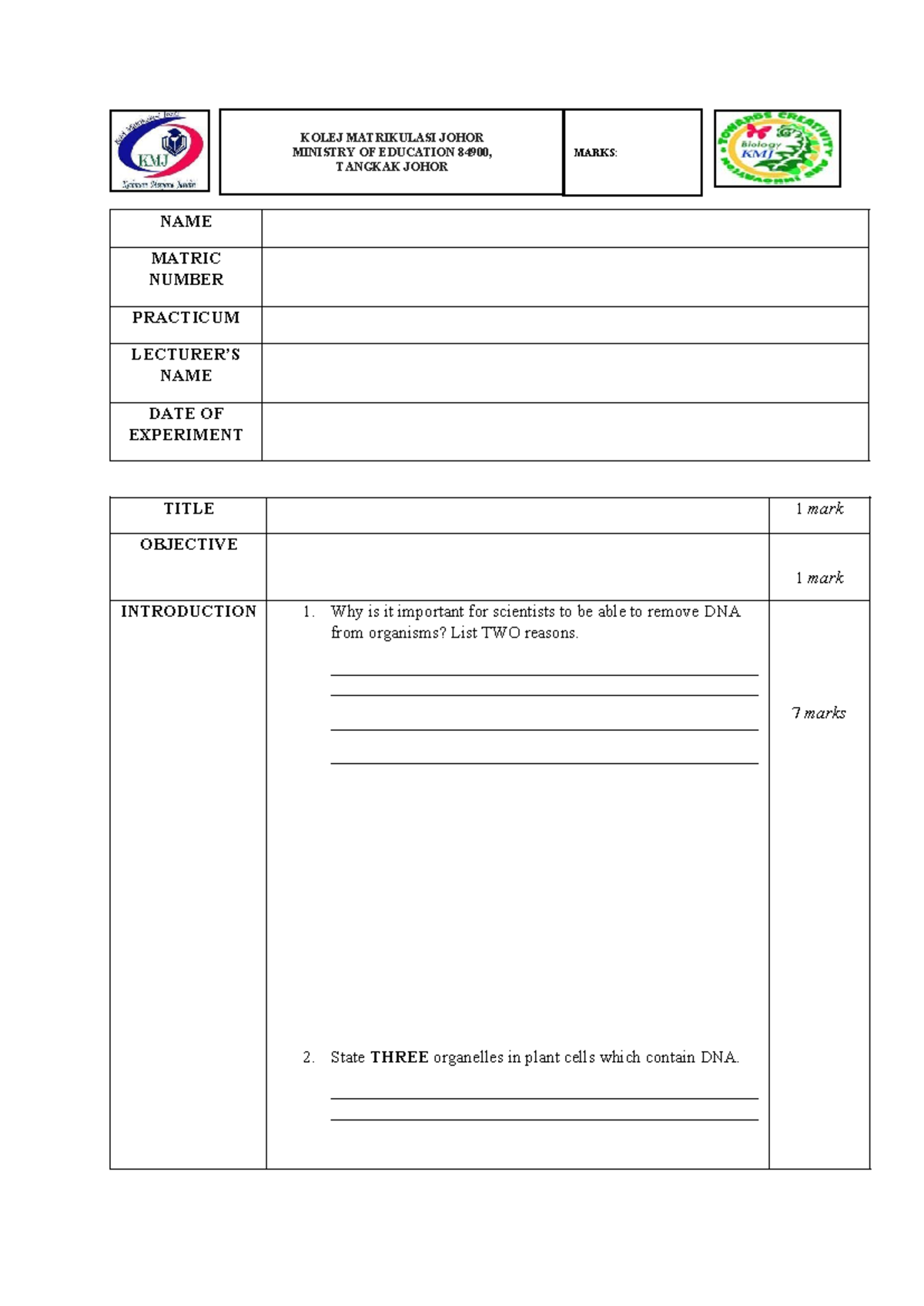 LAB Report: DNA Extraction Practicum - BIO 101 - Studocu