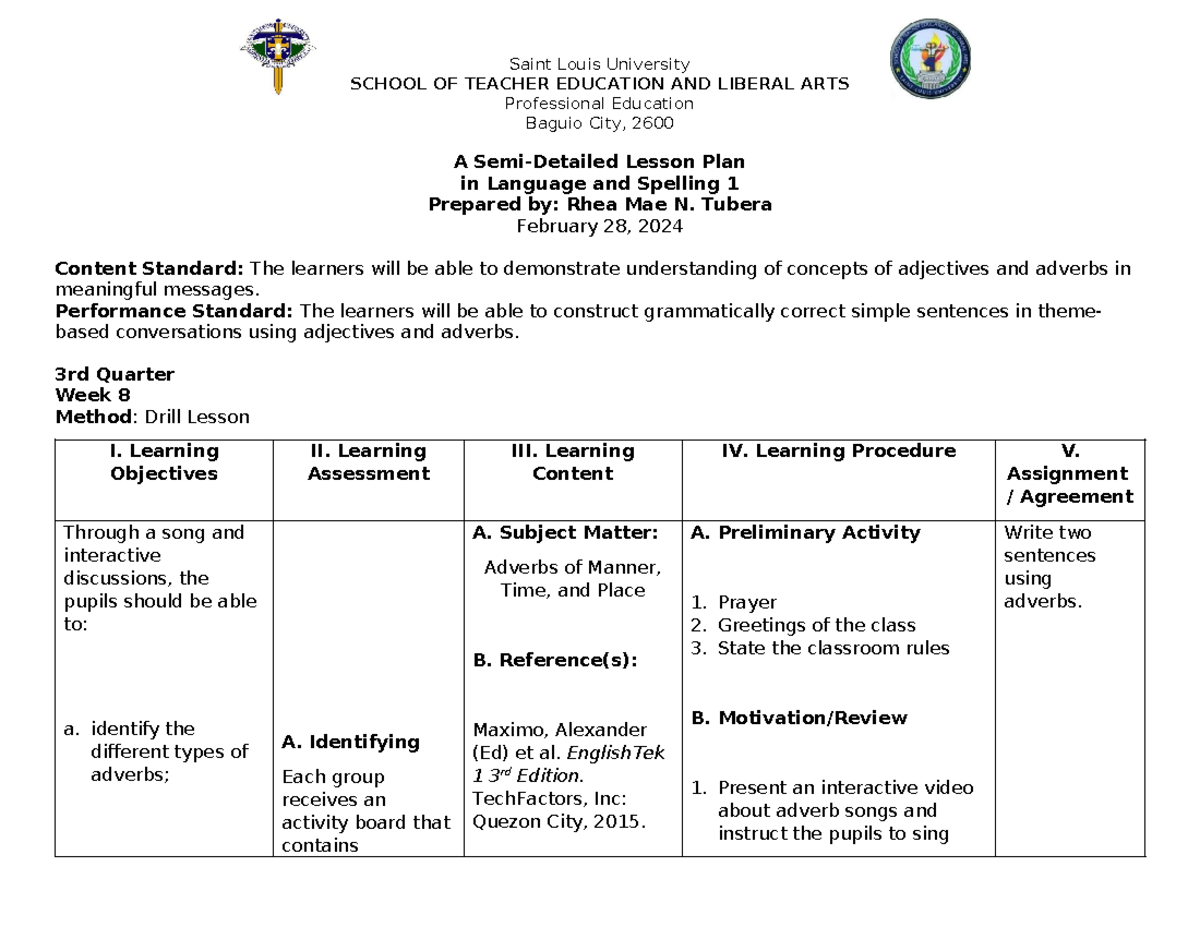 Semi-Detailed Lesson Plan in Language and Spelling 1 (Feb. 28, 2024 ...